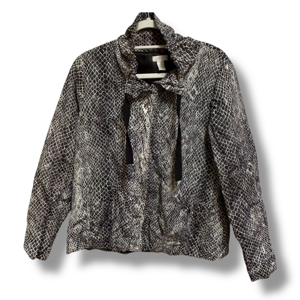 Chicos Snakeskin Jacket 2 Metallic Zip Front Ruffle Neck Grey Black L 12